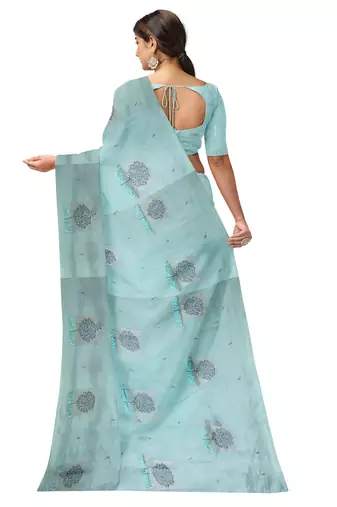 Mint blue tree motif organza silk designer saree