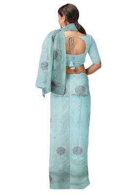 Mint blue tree motif organza silk designer saree 4