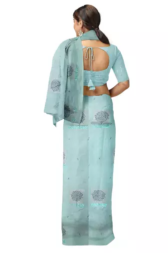 Mint blue tree motif organza silk designer saree