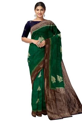 Emerald green zari woven designer saree 1