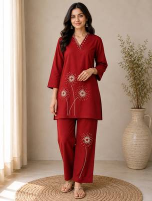 Red colour pure cotton kantha work co-ord set 1
