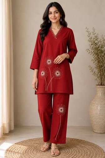 Red colour pure cotton kantha work co-ord set