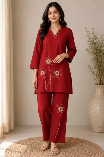 Red colour pure cotton kantha work co-ord set