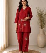 Red colour pure cotton kantha work co-ord set