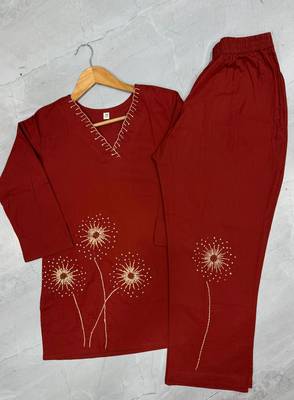 Red colour pure cotton kantha work co-ord set 2