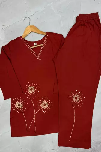 Red colour pure cotton kantha work co-ord set