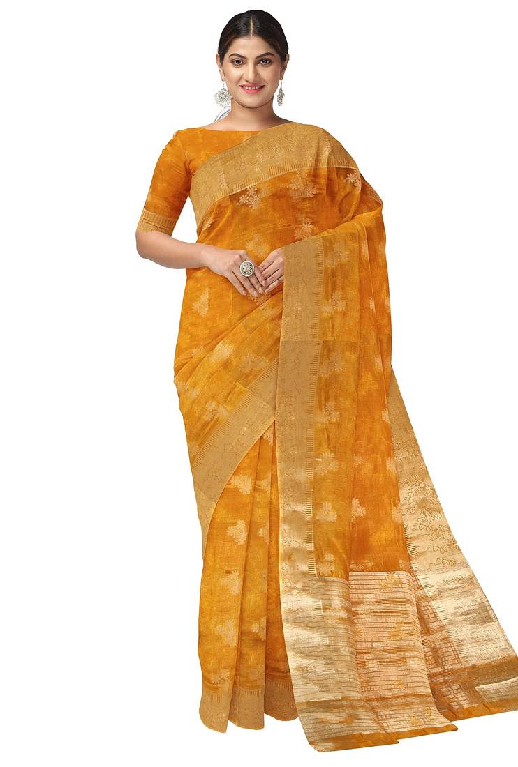 Mustard yellow zari woven designer saree