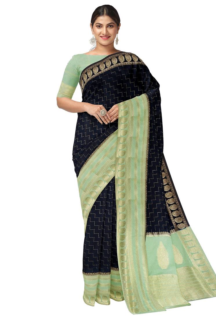 Navy blue & mint green zari woven designer saree
