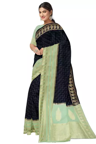 Navy blue & mint green zari woven designer saree