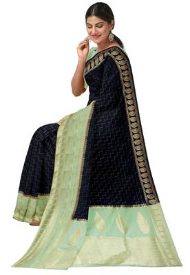 Navy blue & mint green zari woven designer saree 3