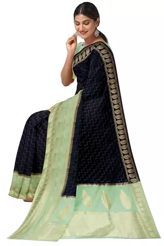 Navy blue & mint green zari woven designer saree