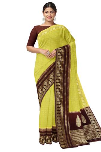 Lime yellow zari woven designer saree
