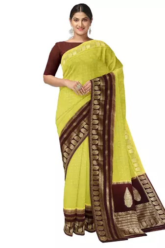 Lime yellow zari woven designer saree