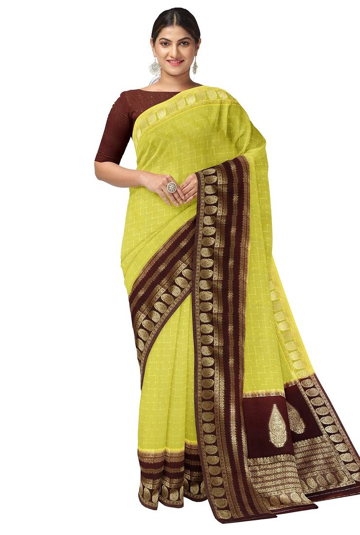 Lime yellow zari woven designer saree