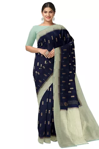 Navy blue & mint green zari designer saree