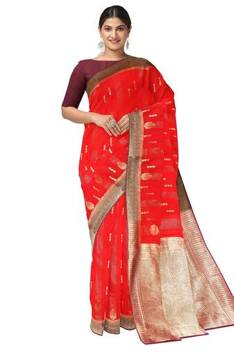Bright red zari woven designer saree