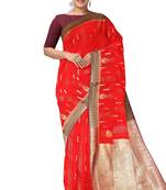 Bright red zari woven designer saree
