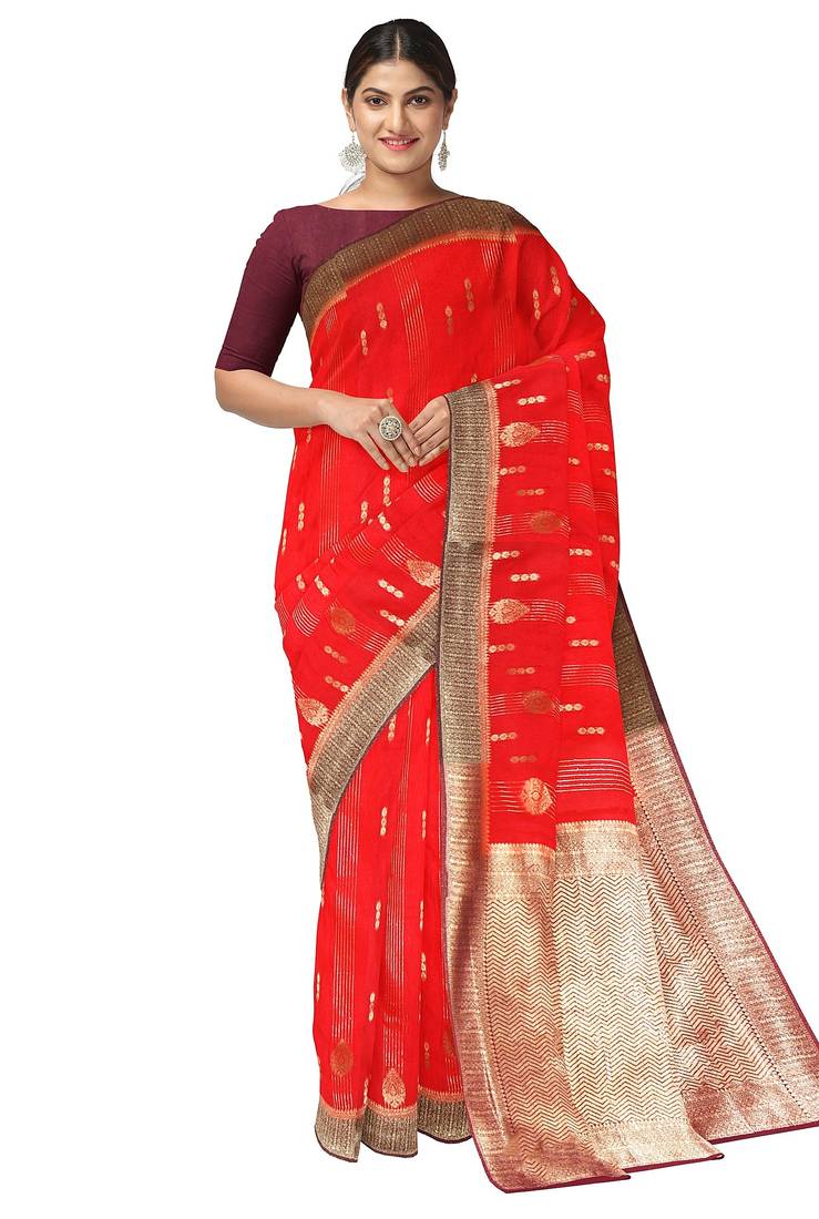 Bright red zari woven designer saree
