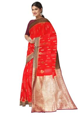 Bright red zari woven designer saree 2
