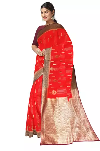 Bright red zari woven designer saree