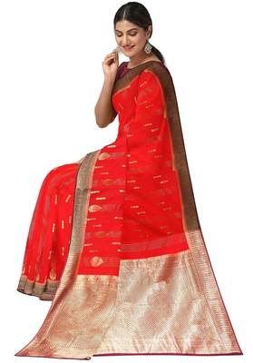 Bright red zari woven designer saree 3