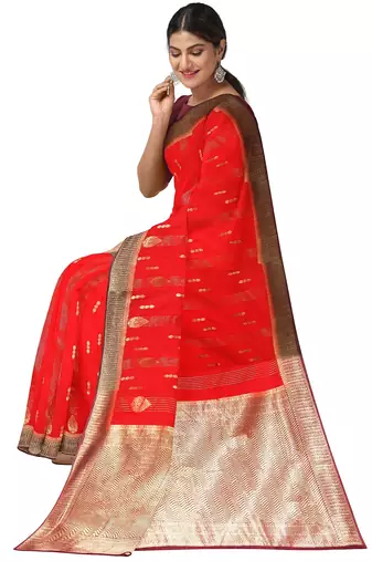 Bright red zari woven designer saree