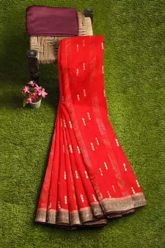 Bright red zari woven designer saree