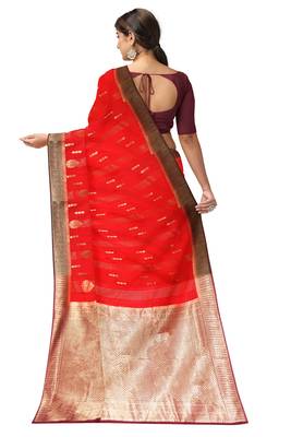 Bright red zari woven designer saree 5