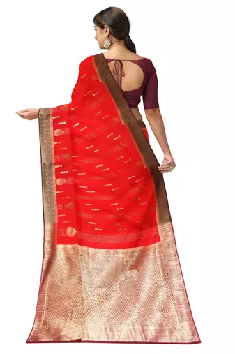 Bright red zari woven designer saree