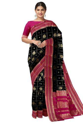 Black & rani pink zari woven designer saree