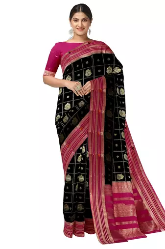 Black & rani pink zari woven designer saree