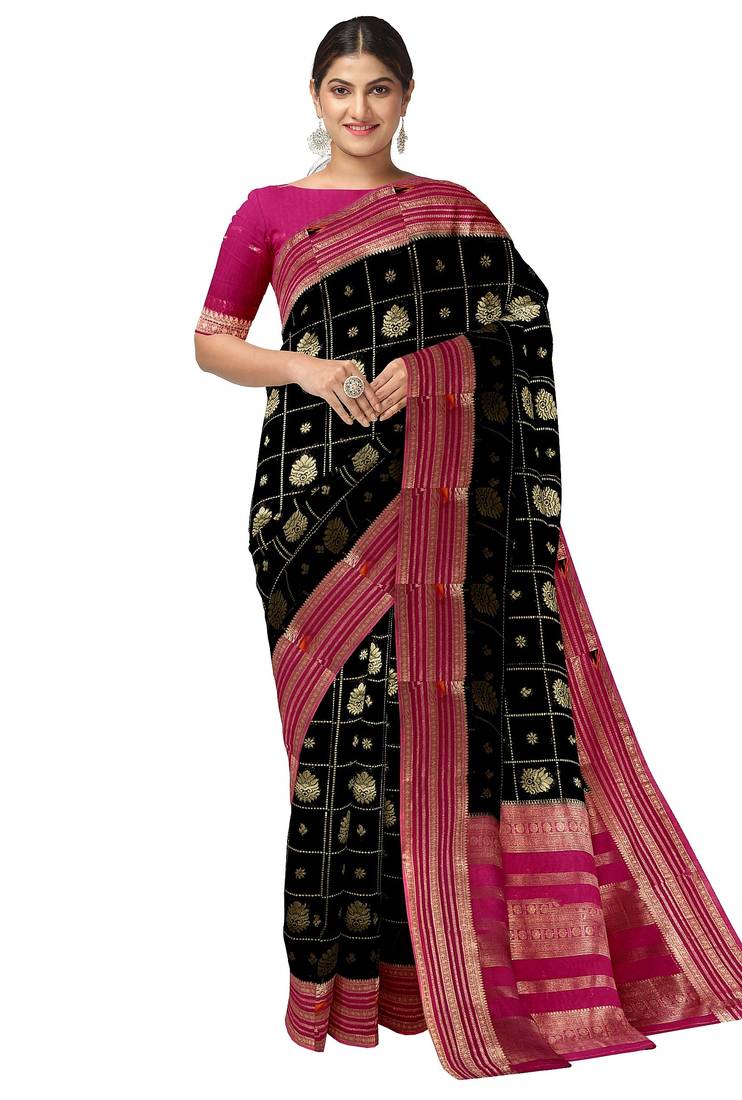 Black & rani pink zari woven designer saree