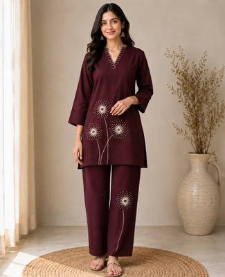 Wine pure cotton kantha work co-ord set 1