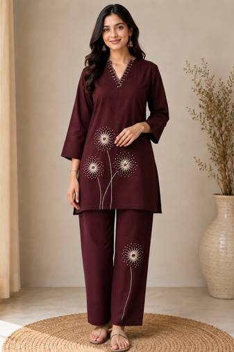 Wine pure cotton kantha work co-ord set