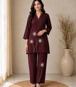 Wine pure cotton kantha work co-ord set