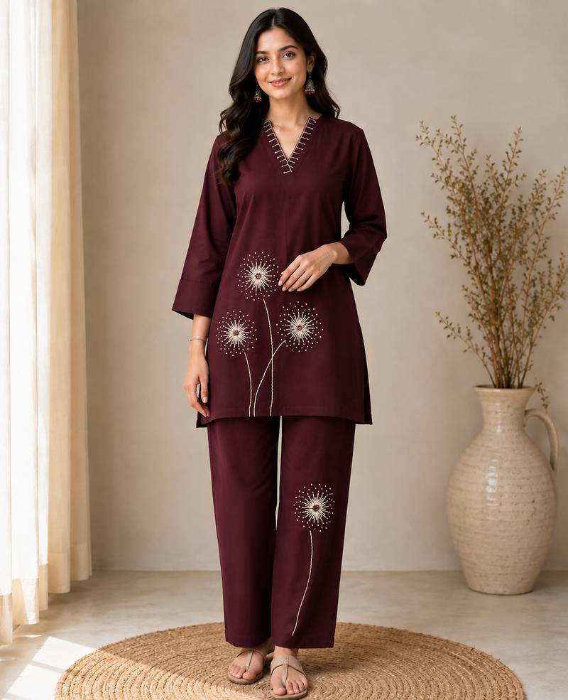 Wine pure cotton kantha work co-ord set