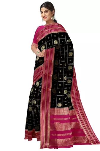 Black & rani pink zari woven designer saree