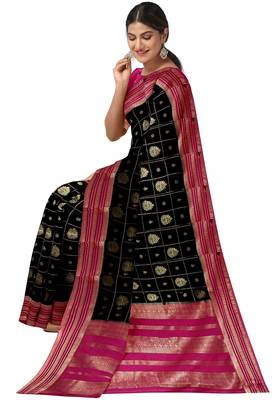 Black & rani pink zari woven designer saree 3