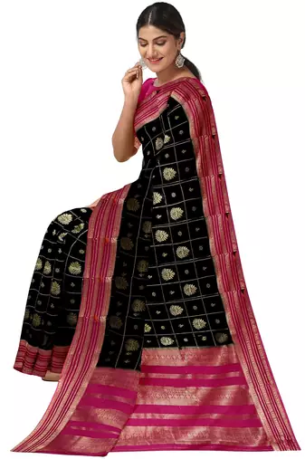 Black & rani pink zari woven designer saree