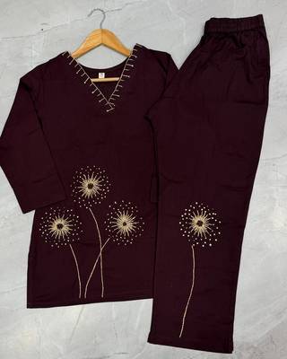Wine pure cotton kantha work co-ord set 2