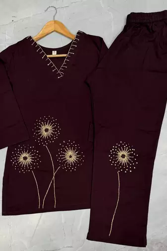 Wine pure cotton kantha work co-ord set