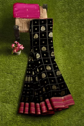 Black & rani pink zari woven designer saree