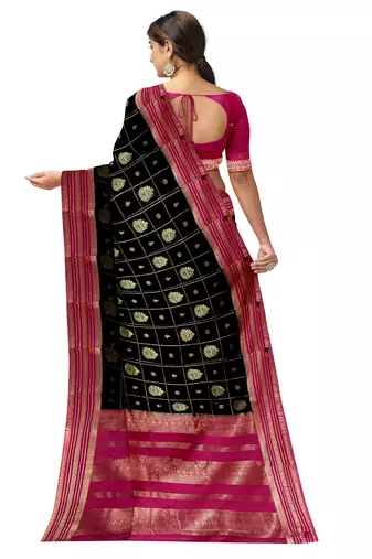 Black & rani pink zari woven designer saree