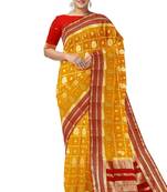 Mustard yellow & red zari woven designer saree