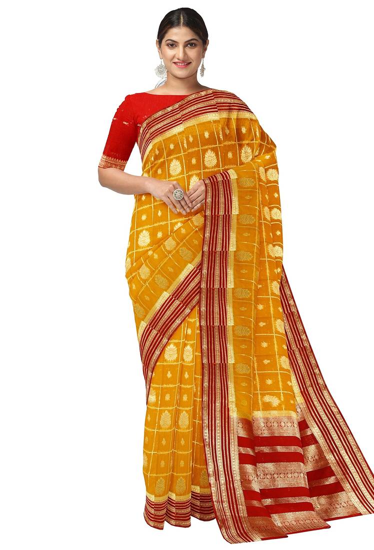 Mustard yellow & red zari woven designer saree