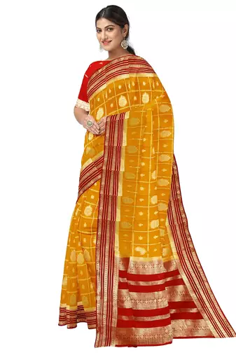 Mustard yellow & red zari woven designer saree