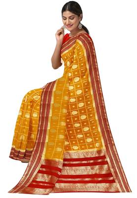 Mustard yellow & red zari woven designer saree 3