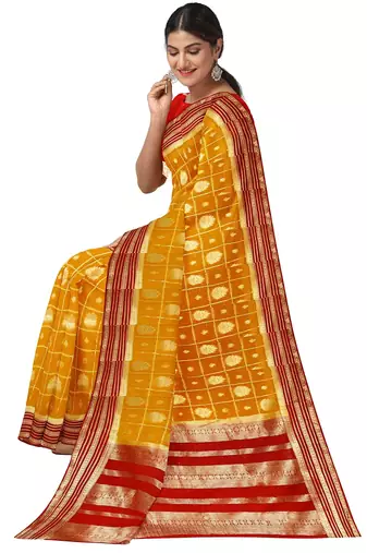 Mustard yellow & red zari woven designer saree
