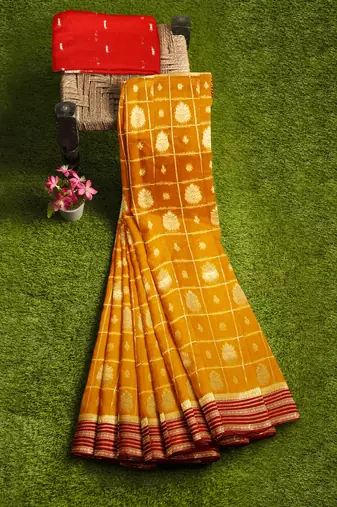 Mustard yellow & red zari woven designer saree