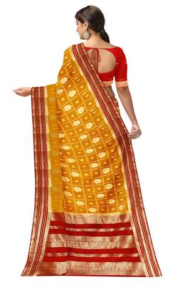 Mustard yellow & red zari woven designer saree 5